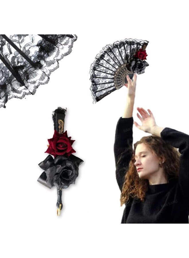 سان يي مروحة يدوية قابلة للطي، مروحة يدوية سوداء مزينة بالدانتيل والورود، مروحة إسبانية كبيرة قابلة للطي على الطراز القديم للسيدات والفتيات، مناسبة للحفلات وأزياء التنكرية والتصوير الفوتوغرافي، والعروض الحفلية، والرقص، والديكورات، والهدايا، 1 عبوة - Image 4